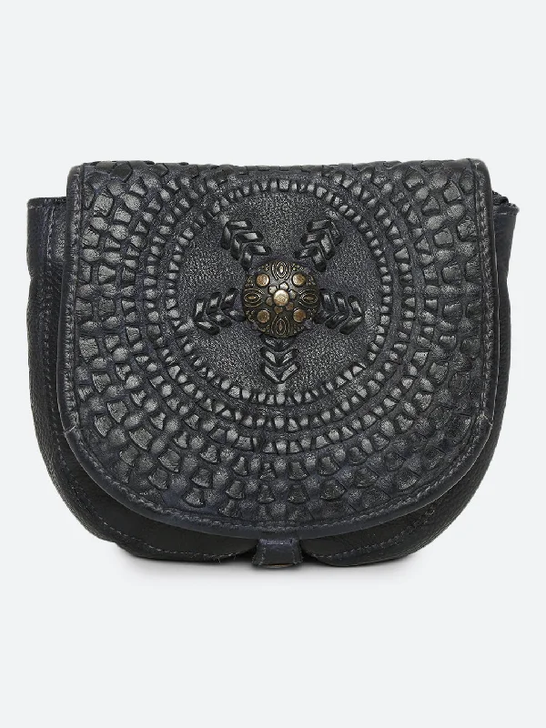 Budget-Friendly Fashion Onyx: Navy Blue Leather Mandala Square Cross Body