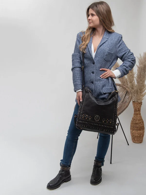 Romantic Fashion Discounts Savio: Black Embellished Hobo Bag In Veg Tan Leather