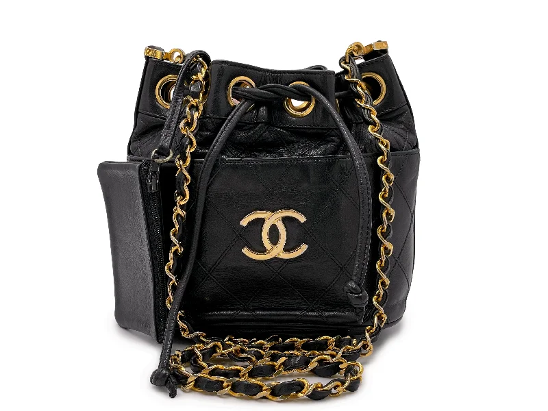 Festive Holiday Gift Bags Rare Chanel Vintage 1987 Miniature Drawstring Mini Bucket Bag 24k GHW Black Festive Holiday Gift Bags Rare Chanel Vintage 1987 Miniature Drawstring Mini Bucket Bag 24k GHW Black
