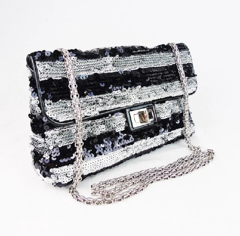 Bags For Free-Spirited And Artistic Styles CHANEL black and silver striped sequin 10" flap bag Bags For Free-Spirited And Artistic Styles CHANEL black and silver striped sequin 10" flap bag